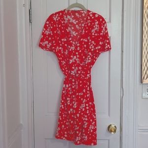 Cherry Red Floral Spring Midi Dress, wrap tie with short sleeves, J Crew size 14